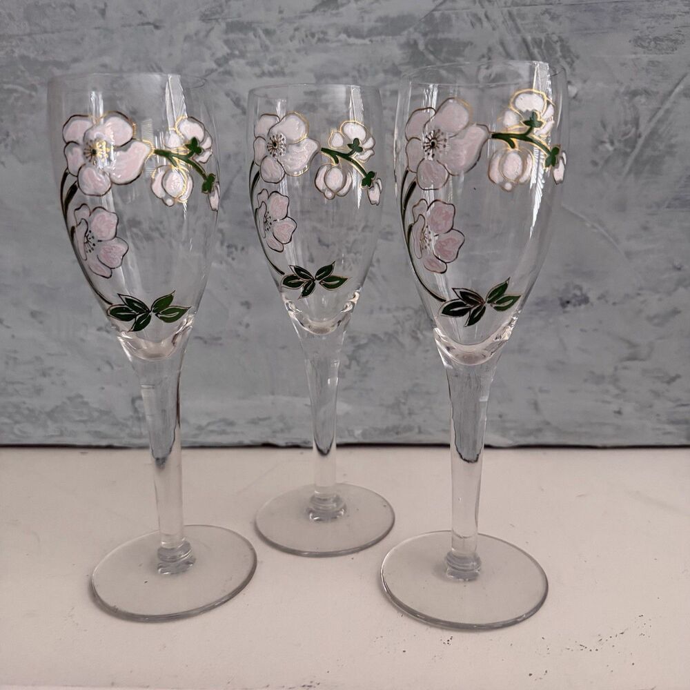 PERRIER JOUET CRYSTAL CHAMPAGNE GOBLETS LIGHT PINK FLORAL 7.5” 4 OZ  Set Of 3